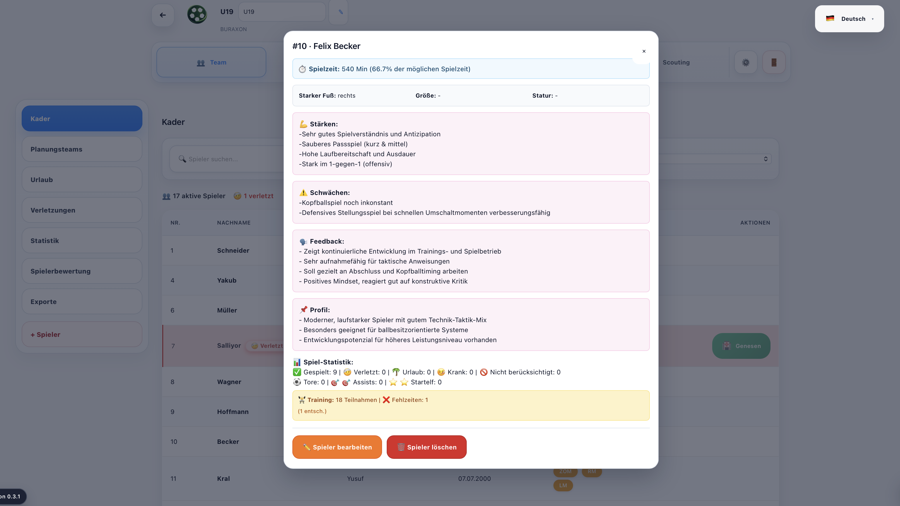 Scout App Dashboard – Spielzeiten, Kader und Saisonstatus im Überblick