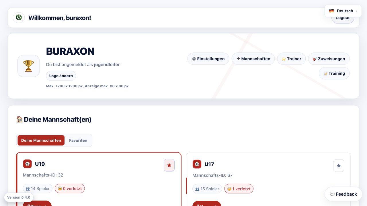 Scout-App-Dashboard mit Vereinsbereich und Mannschaftskarten