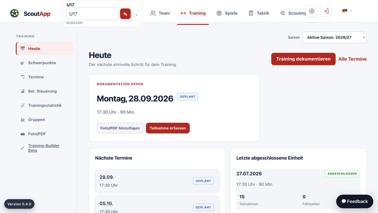 Echte Scout-App-Ansicht des Trainingsbereichs mit Terminübersicht und der Möglichkeit, Teilnahme zu erfassen